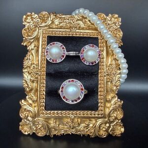 Honora Set 925 White Pearl Pink Red Purple Gem Halo Ring Sz 9 Earrings Bracelet